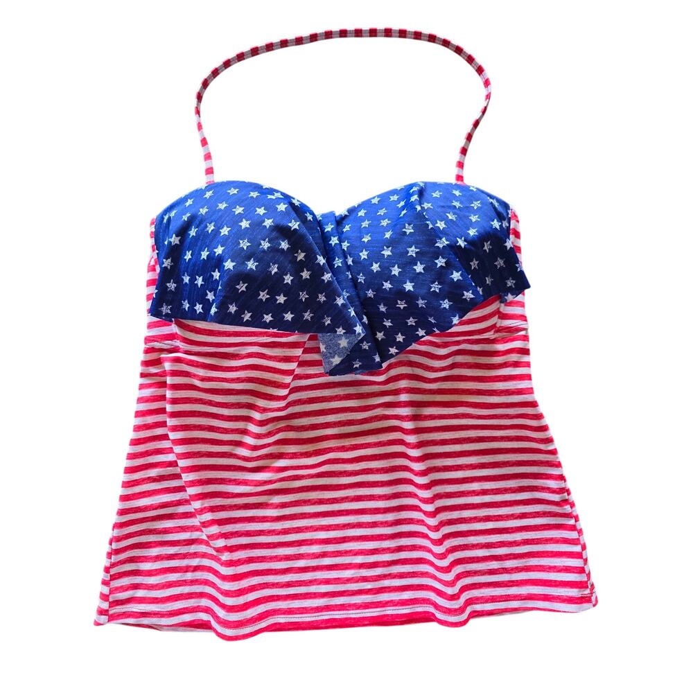 Malibu Swim Top L Womens Patriotic Red White Blue Padded Open Swimwear Beach